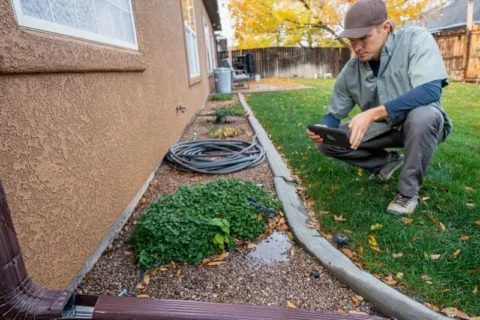 Man inspecting water around a Texas home